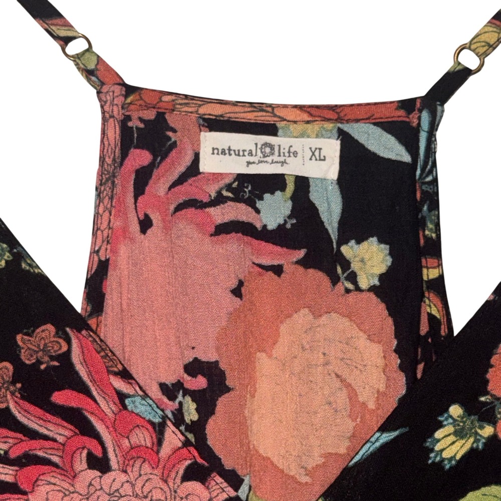 Natural Life Black Floral Boho Maxi Dress Women's XL Strappy V-Neck - Picture 3 of 5